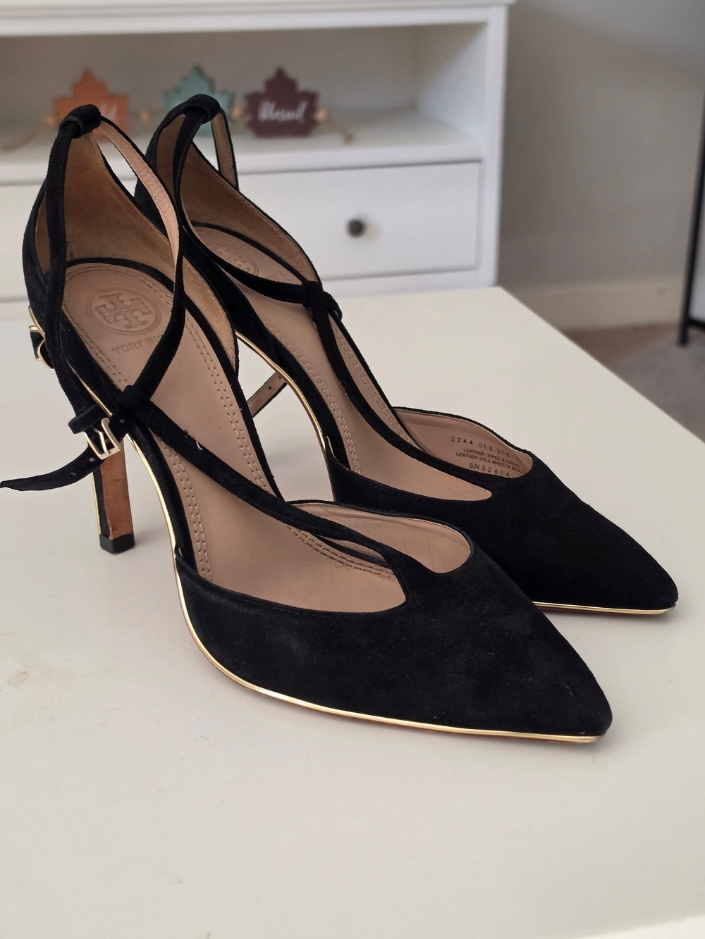 Tory Burch Belleville Black Suede Pointed Toe Ankle Tie Heels with Gold Trim - Picture 5 of 9